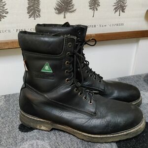 Steel-toe Black Leather Work Boots - Green Triangle Logo